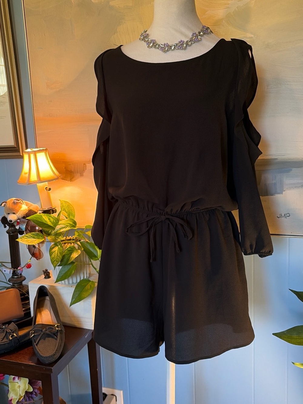 Ci Sono Black Long Sleeve Drawstring Romper with Ruffle Shoulders